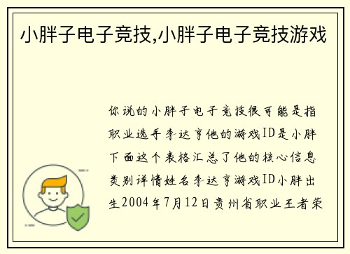 小胖子电子竞技,小胖子电子竞技游戏